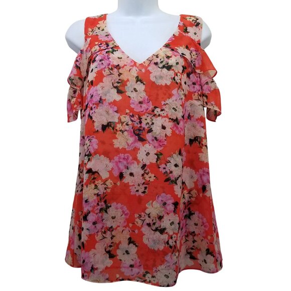 Cabi S Orange Floral LUSH Top Cold Shoulder Chiffon Sheer 5352 V Neck - Picture 2 of 8